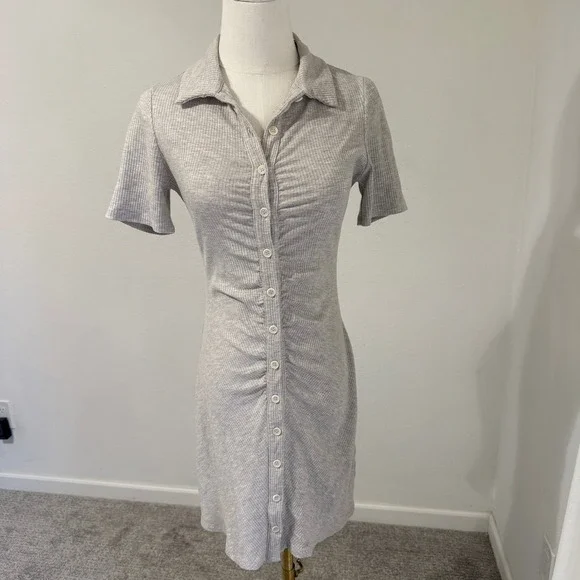 Reformation Lennon Ribbed Ruched Button Front Collared Mini Dress Grey Small - Picture 1 of 8